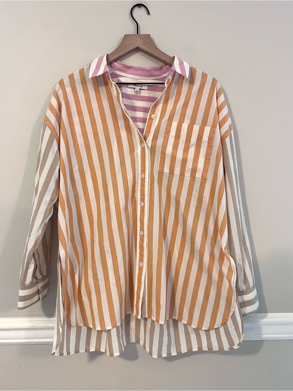 Madewell Women’s Striped Button-Down Shirt Size M Long Sleeve Pink Orange Tan